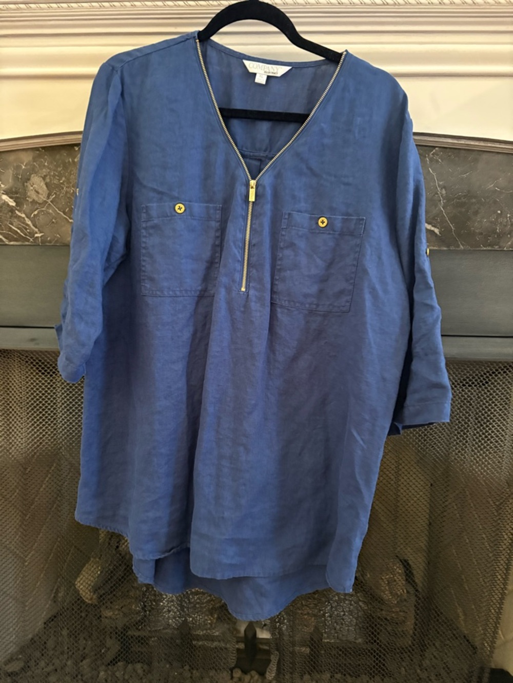 Ellen Tracy Indigo Blue Linen Button-Pocket Zip Shirt